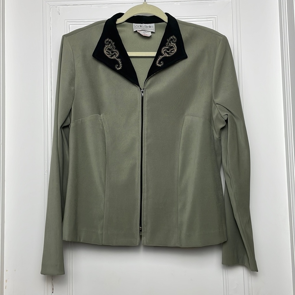 Vintage LESLIE BELLE Blazer front zip embroidery sage green